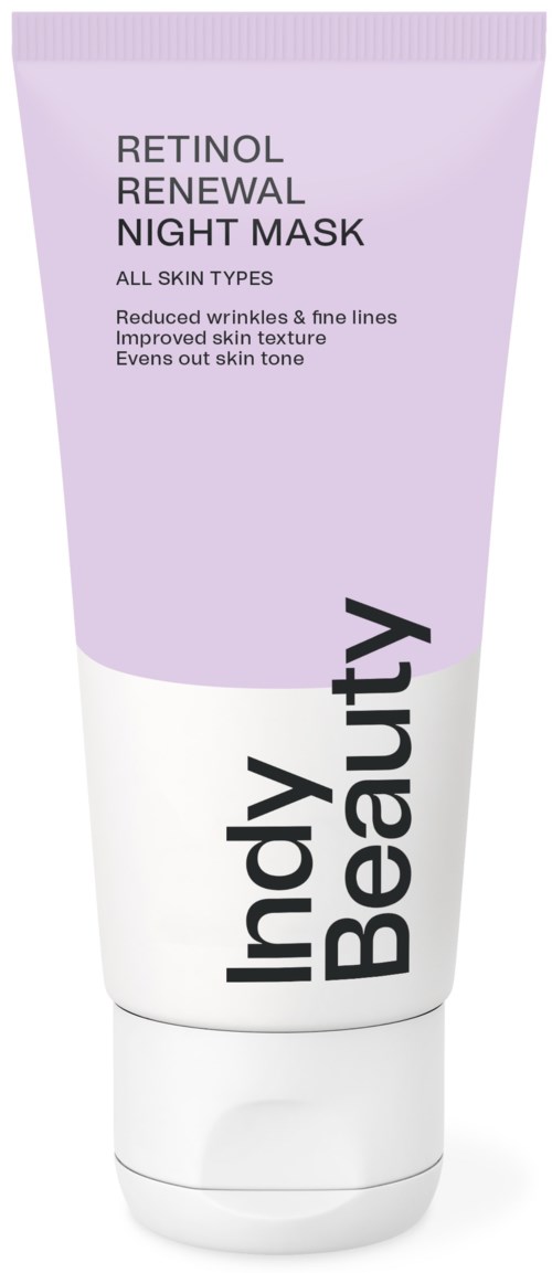 En lila och vit tub med texten 'Retinol Renewal Night Mask' ger hudfördelar för alla hudtyper.