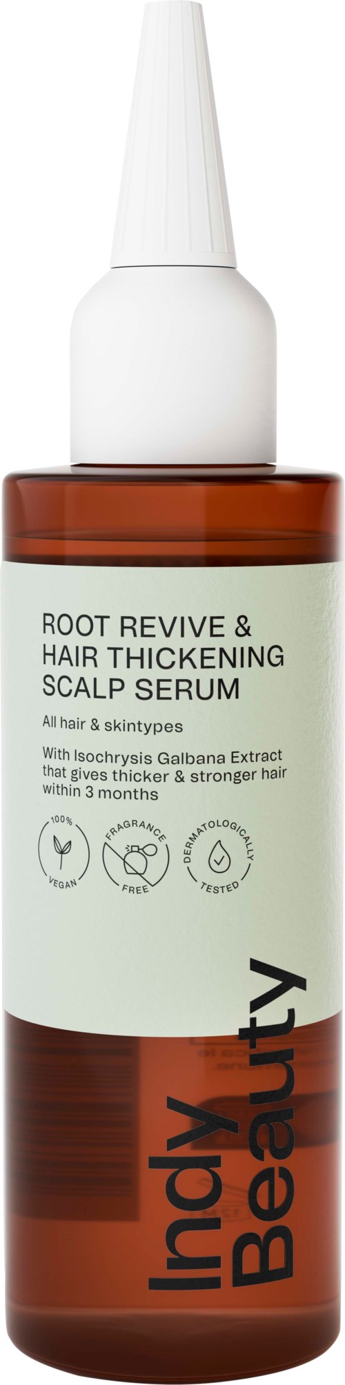 Eine Flasche Haarserum mit weißer Aufsatzspitze, braun-weißer Etikett und Text 'Inaxy Beauty Root Revive & Hair Thickening Serum.'