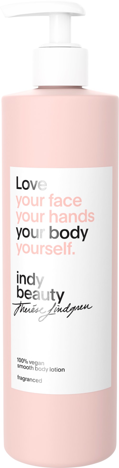 Pink lotionflaska med pump, märkt 'Love your face, your hands, your body, yourself,' av Indy Beauty.