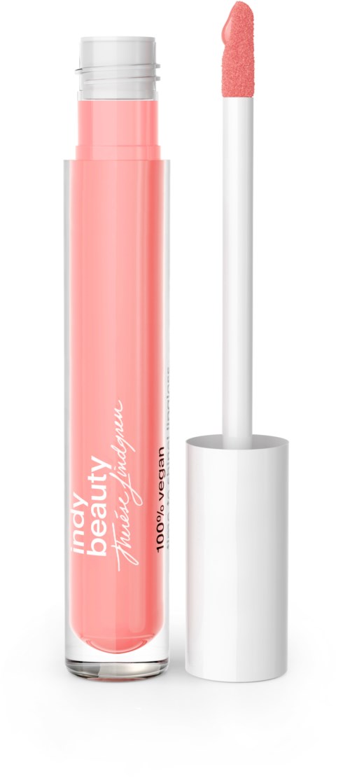 Läppglans i rosa med en vit applikatör, i en klar tub märkta "Beauty" och "Gloss".