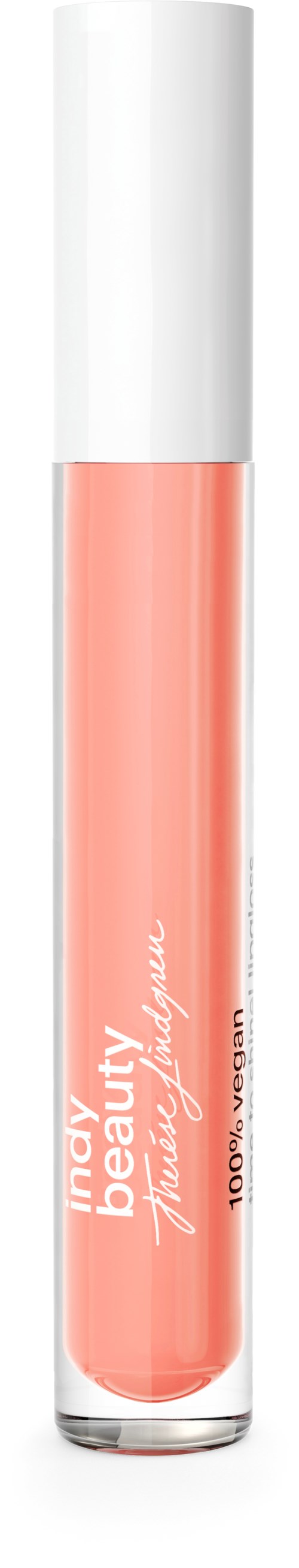 En läppglans i ett klart rör med persikofärgad glans och vit kork, märkt 'Iney Beauty'.
