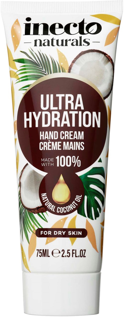 En vit tub med handkräm med kokosbilder och gröna blad, märkt för torr hud med 75 ml volym.