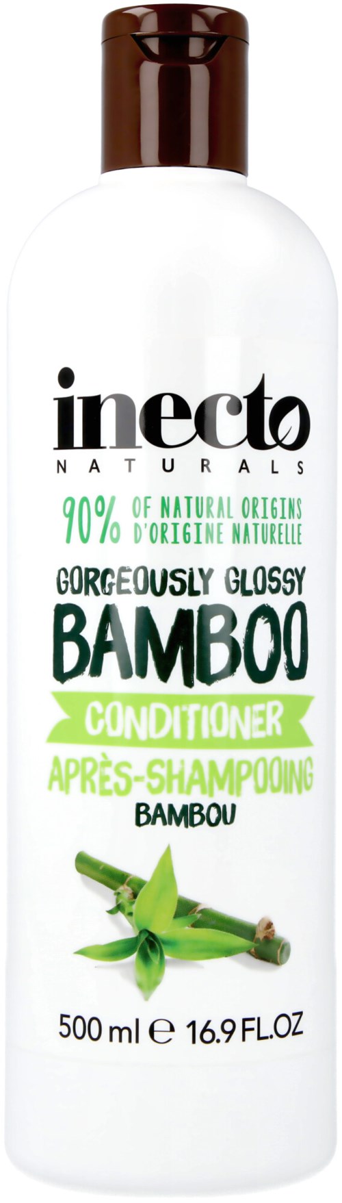En vit flaska med svart lock innehållande bambubalsam från Inecto Naturals. Etiketten nämner naturliga ingredienser och glänsande hår.