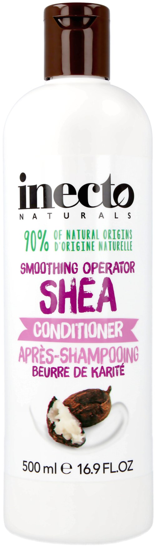 En vit flaska med shea-balsam med brun kork, logotyp och text om naturliga ingredienser och fördelar.