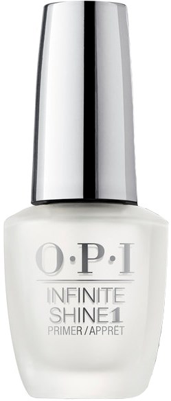 En vit nagellackflaska med silverlock, märkt O.P.I Infinite Shine 1 Primer.