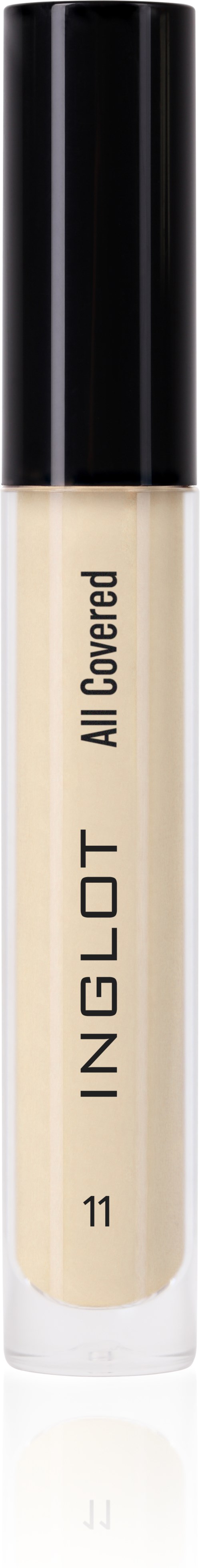 A tube of liquid concealer with a black cap, beige product inside, and text 'INGLOT All Covered 11' on it.