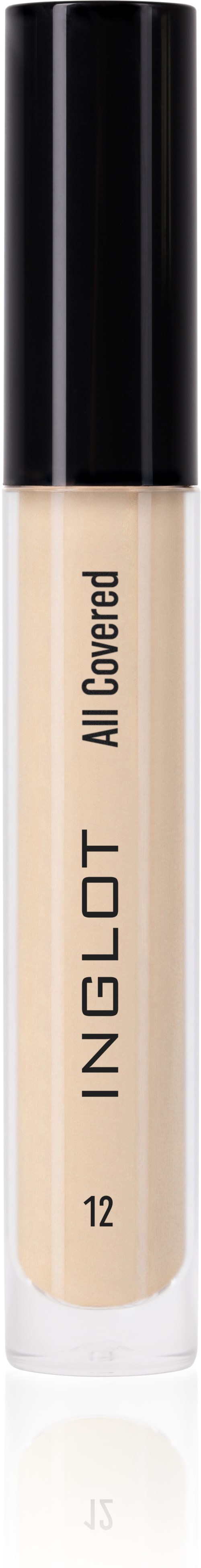 A concealer stick with beige color, black cap, and label reading 'INGLOT All Covered 12'.