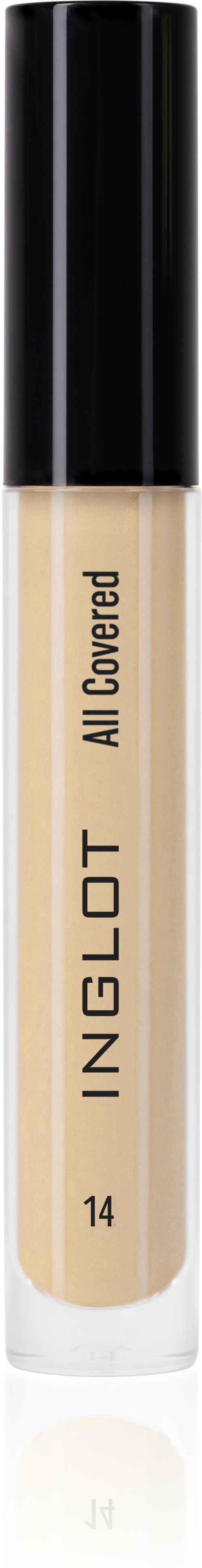 A beige liquid concealer in a transparent tube with a black cap, labeled 'INGLOT' and 'All Covered 14'.
