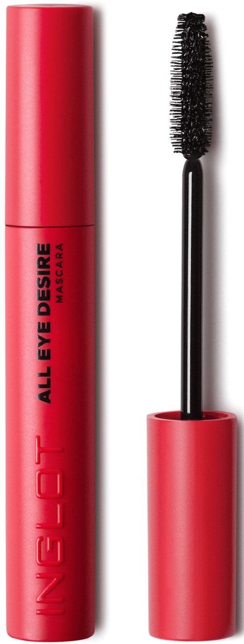 Punainen ripsiväritube ja harja ulkona, lappu 'IN2IT All Eye Desire Waterproof.'