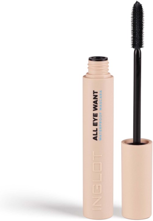 Een beige mascara-tube met een zwart kwastje, gelabeld "ALL EYE WANT" en "INGLOT."