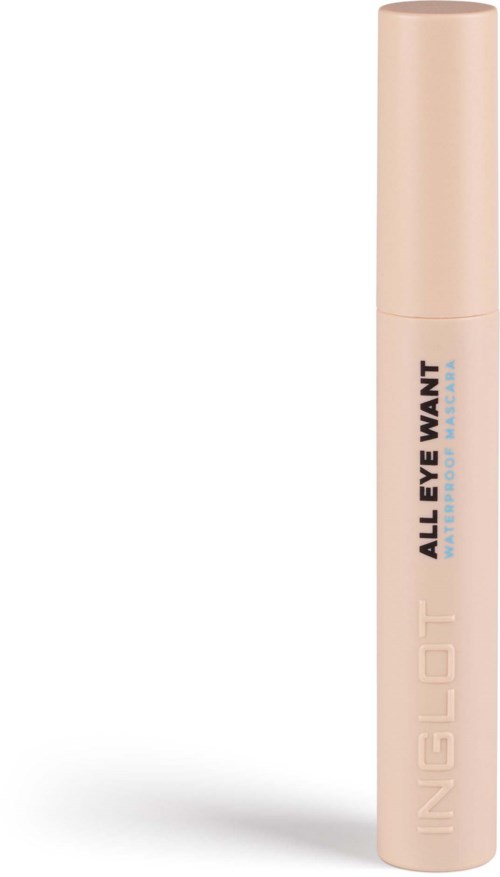 Een beige tube met blauwe en zwarte tekst die zegt "ALL EYE WANT" en "INGLOT".