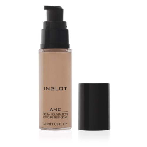 En flaske med beige fundament med svart lokk, merket INGLOT AMC, 30 ml/1 fl oz, pumpe,.