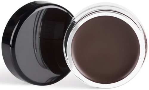A small jar with dark cream and a black lid, open to show the cream inside.