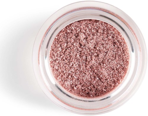 A container with pink glittery cosmetic or craft powder, viewed from above.