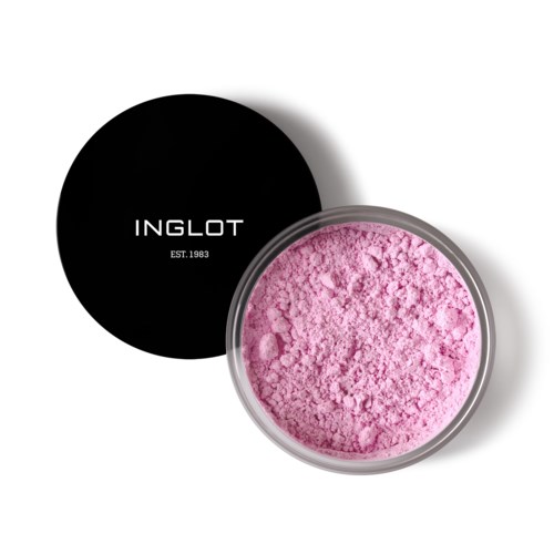 Pink loose powder inside a round container with a black lid labeled 'INGLOT' and 'EST. 1983' on top.
