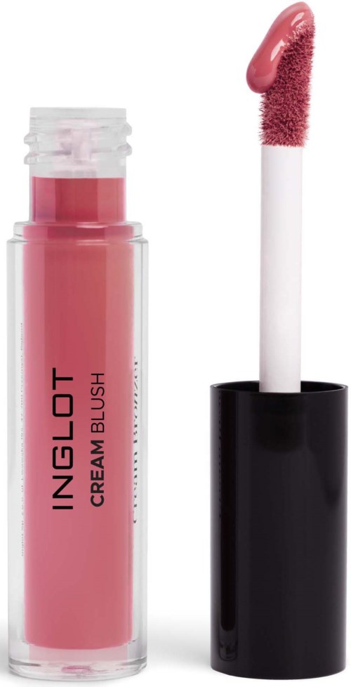 Pink cream blush in a clear bottle with a white applicator and black cap.