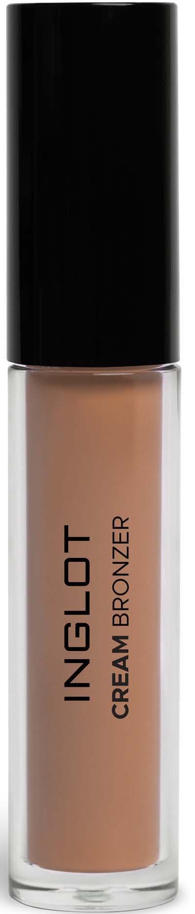 En liten flaska med INGLOT krämbrons, svart lock, beige vätska inuti.