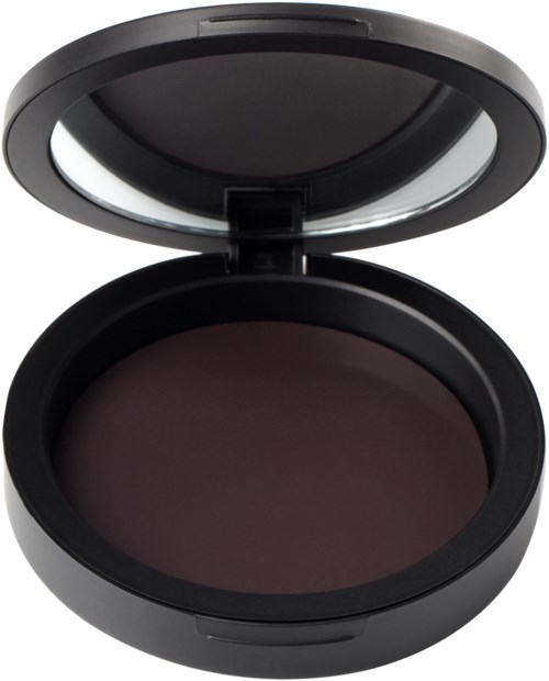 En rund makeup-compacta med en spegel inuti, med mörk lila pulver.