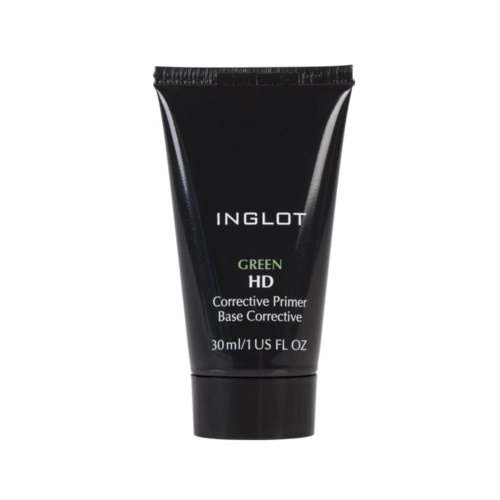 A black tube labeled 'INGLOT GREEN HD Corrective Primer' with white and green text, containing 30ml of product.