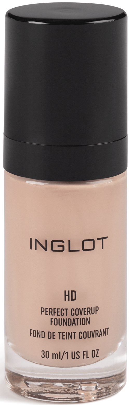 En flaska Inglot HD Perfect Coverup Foundation med svart lock och beige flytande inuti.