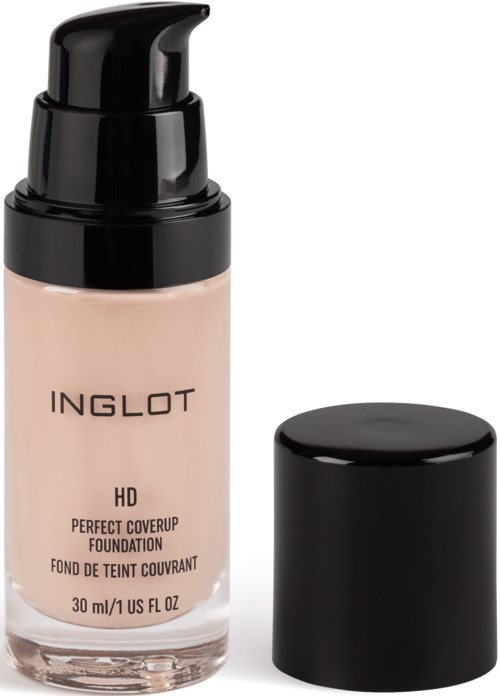 En flaska Inglot HD foundation med pump och svart lock bredvid.