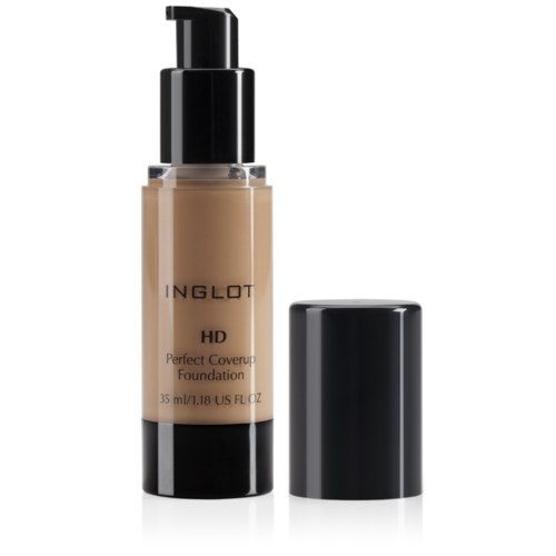 En flaska Inglot HD Perfect Coverup Foundation med pump och svart lock.