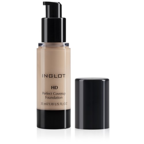 En flaska Inglot HD Perfect Coverup Foundation med svart lock och pump, innehållande beigefärgad vätska.