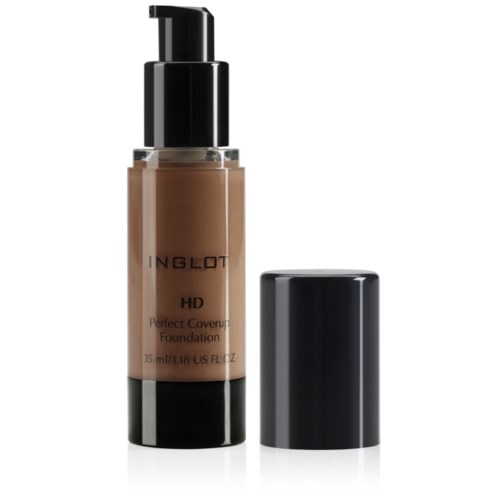 En flaska av Inglot HD foundation med svart pump och lock.