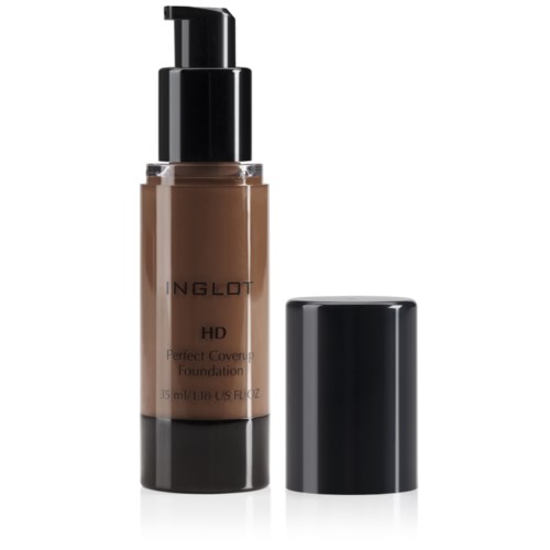 En flaska med Inglot HD foundation med svart pump och lock, fylld med ljusbrun makeup.