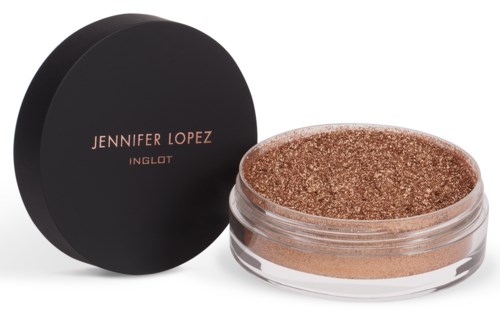 En burk med skimrande bronsögonskugga och ett svart lock med rosa text. Texten säger 'Jennifer Lopez Inglot'.