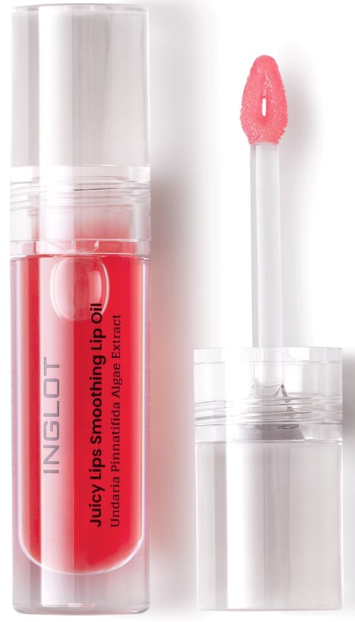 En tub med läppglans med en rosa applikator, märkt 'Juicy Lips Smoothing Lip Oil.'