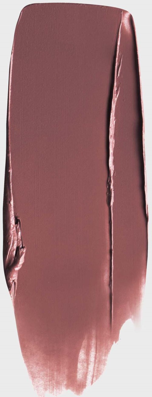 Een lange, glanzende, roze-bruin lippenstift met een glad oppervlak en licht oneffen randen.