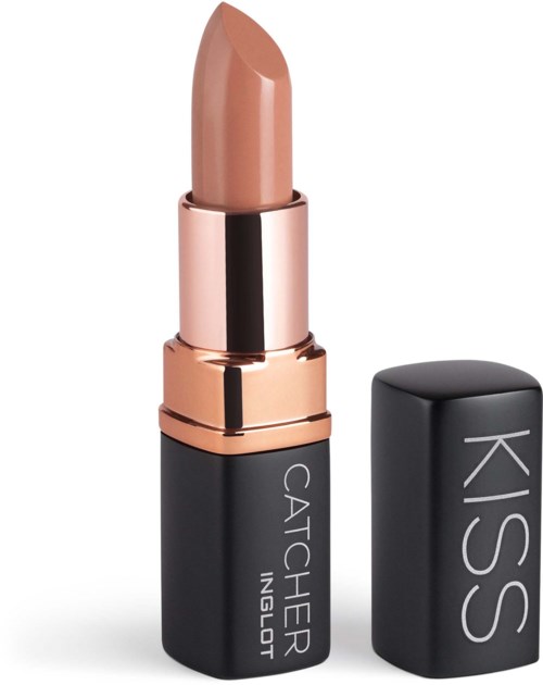 A lipstick with a black and rose gold tube, and the cap says 'KISS'.