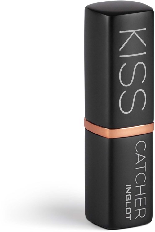 A black lipstick tube with a rose gold band, labeled "KISS CATCHER INGLot" in white.