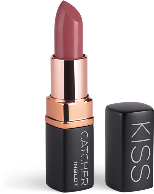 A pink lipstick in a black and rose gold tube with the words 'CATCHER INGLOT' and 'KISS' on it.