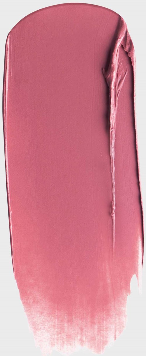 Roze lippenstiftvlek op witte achtergrond, glanzende textuur en gebogen vorm.