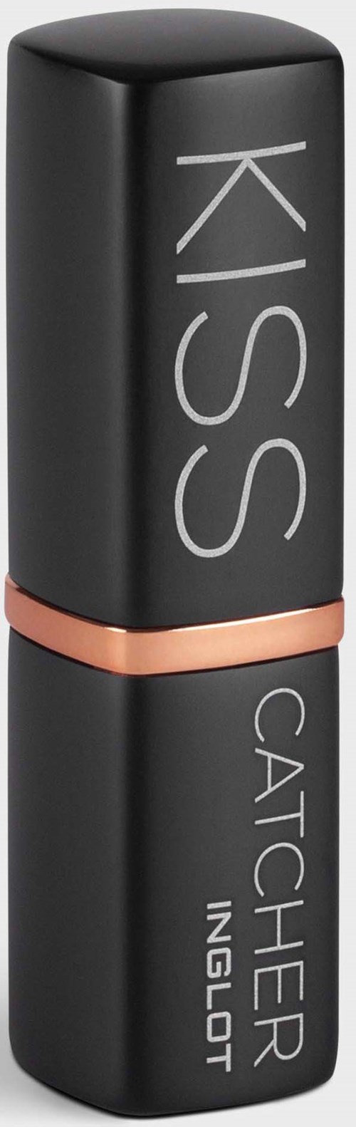 Een zwarte lippenstiftbuis met roségouden band, met witte tekst 'KISS CATCHER INGRIDT'.
