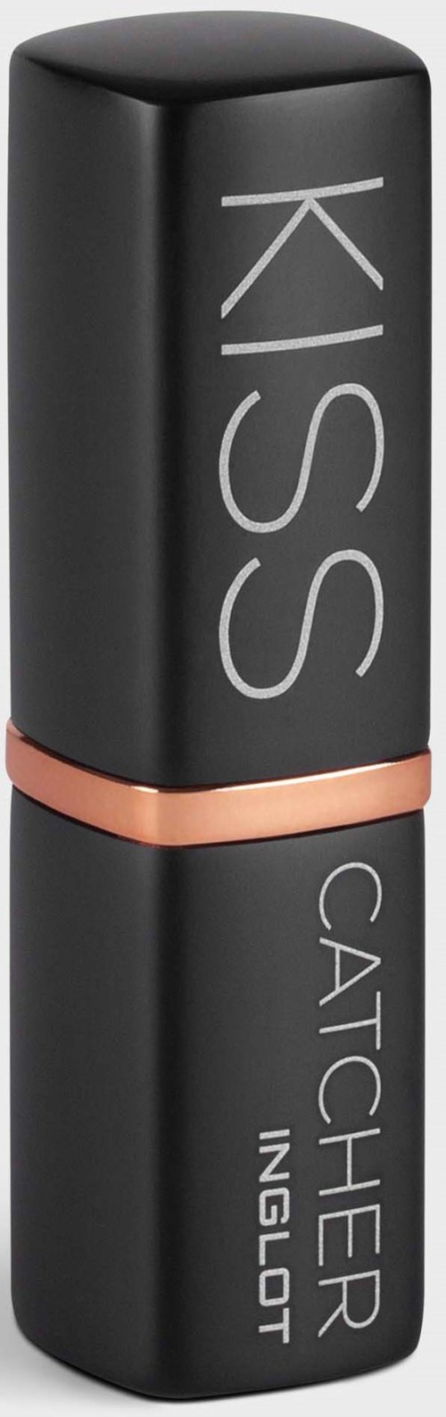 Een zwarte lippenstiftdoos met de woorden 'KISS' en 'CATCHER INGLot'.