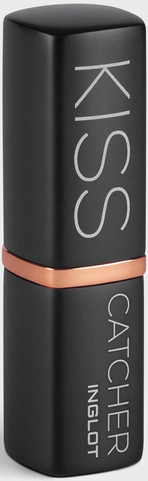 Een zwarte lippenstift met een roségouden band, gemerkt "KISS", met extra tekst "CATCHER INGLOT".