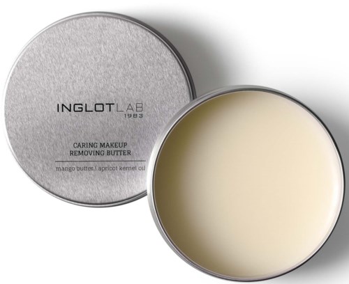 Een ronde tin met grijs deksel die Inglot Lab Caring Makeup Removing Butter met mango boter en aprikooskernolie toont.