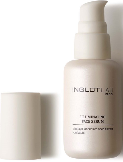 Een witte fles INGLOT LAB verhelderend gezicht serum met pomp en bijpassende dop.