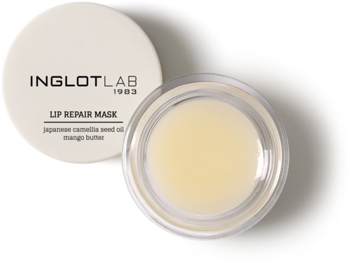 A round container with a lid shows lipstick repair mask ingredients: camellia seed oil and mango butter.