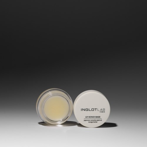 Small container with a lid, labeled 'Inglot Lab Lip Repair Mask,' including ingredients like mango butter and Japanese camellia seed.