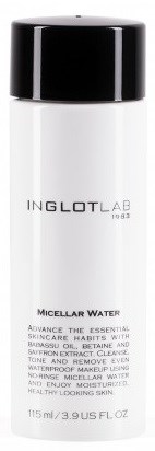 A white bottle with a black cap, labeled Inglot Lab Micellar Water, containing 115 ml for skincare.