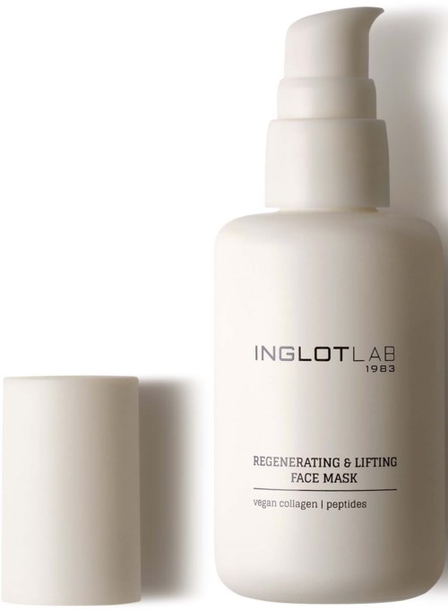 Witte fles met pomp en losseksel, label INGLOT LAB regenererende en liftende gezichtsmasker ingrediënten.