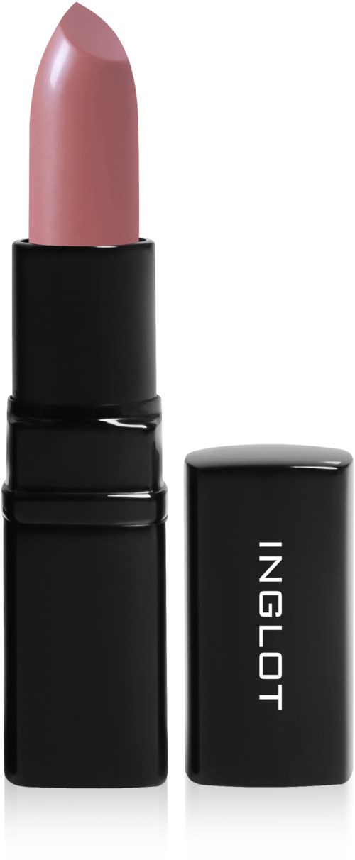 A lipstick in a black case with the brand name 'INGLOT' displayed, with the cap removed showing a pink shade.