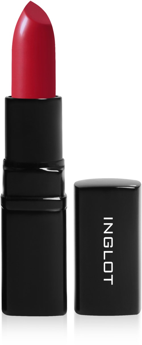 A red lipstick in a black tube, with the cap removed and placed beside it, showing the brand name "INGLOT."