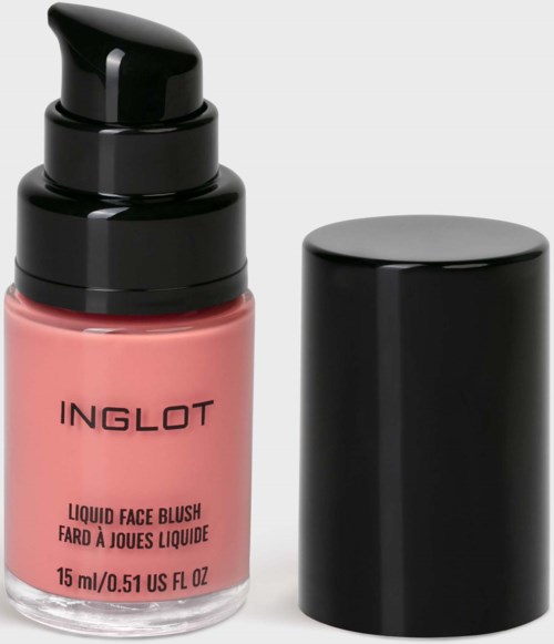 A pink liquid face blush bottle with black pump and cap, labeled INGLOT, 15ml.