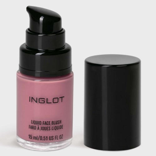 Pink liquid face blush with a black cap and pump dispenser.