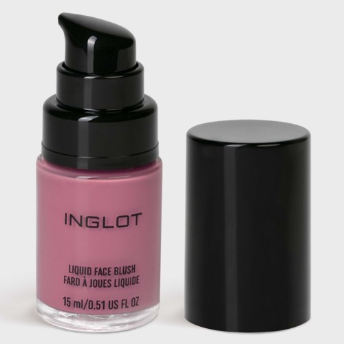 A pink bottle of Inglot face blush with a black cap and pump, designed for makeup use.